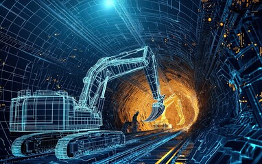 Poster - Excavator working in a digitally illustrated underground tunnel with glowing elements at night in a futuristic setting