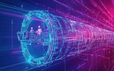 Poster - Engineers working on a futuristic tunnel construction project using advanced technology in a vibrant digital environment