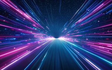 Poster - Colorful light streaks create a dynamic tunnel effect in a cosmic setting at night, showcasing vibrant energy and motion