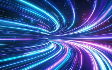 Poster - Vibrant light trails create a surreal tunnel effect against a starry backdrop in a futuristic digital environment