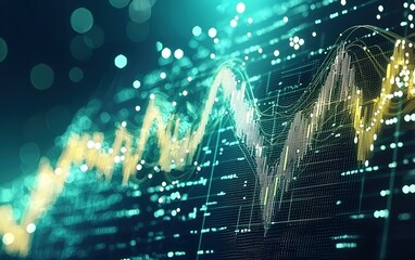 Poster - Abstract representation of financial data trends and analytics in teal and gold colors with glimmering lights