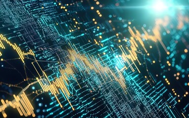 Poster - Abstract visualization of digital signals displaying data patterns and fluctuations in blue and gold hues