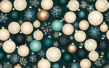 Wall Mural - Colorful assortment of Christmas ornaments scattered on a dark background with snowflakes during the holiday season