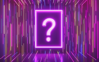 Poster - a vibrant neon question mark in a colorful light tunnel surrounded by dazzling lines at night