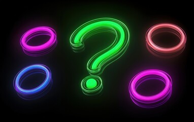 Poster - bright neon question mark surrounded by colorful rings on a black background at night