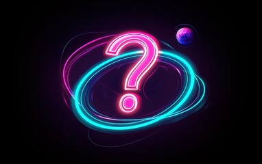 Poster - a vibrant digital design featuring a glowing question mark surrounded by colorful rings and a distan