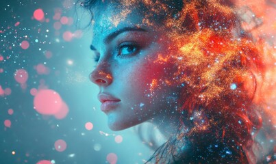 Wall Mural - beautiful fantasy abstract portrait of a beautiful woman double exposure with a colorful digital paint splash or space nebula