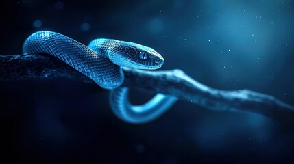 Poster -   Blue-glowing snake on a branch against black backdrop