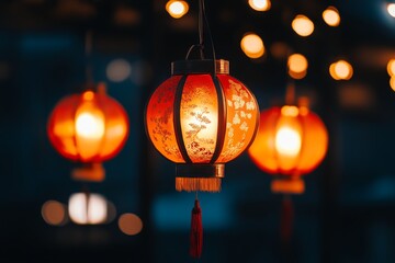 Brightly lit traditional lanterns hang gracefully in a festive atmosphere, reflecting vibrant colors during the evening celebration