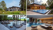 © Oksana - Stone house in lush garden, wooden building with pool, outdoor pool with loungers, indoor pool with chairs. Concept of luxury living and relaxation.