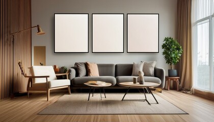 Mock up empty posters on the wall. Modern living room interior. Wooden floor and stylish furniture. Concept of contemporary design.