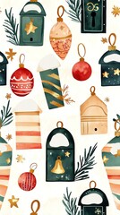 Nostalgic Christmas watercolor pattern, vintage ornaments, snow-covered mailboxes, warm golden fairy lights glow