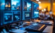 © Valentyna - A close-up photo of a dual monitor setup in a video editing studio, showcasing the intricate details of the editing process