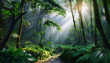 Wall Mural - Dark rainforest, sun rays through the trees, rich jungle greenery. Atmospheric fantasy forest