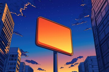 Blank billboard sign against a city skyline during sunset with colorful sky.