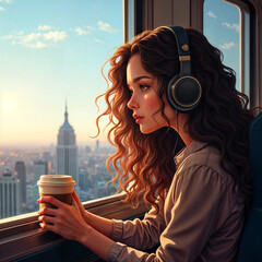 Wall Mural - a young woman sitting in a window seat, gazing out at a city skyline during sunset, holding a coffee cup in her hands.