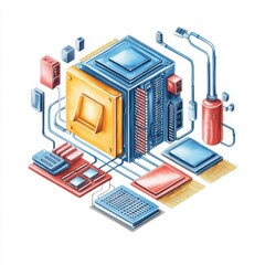Poster - Illustration of a computer system with processors and circuits on a white isolated background.