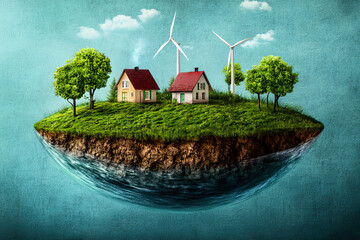 Two houses on floating island showcase wind turbines and greenery for clean energy