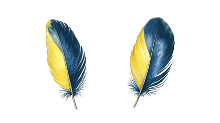 Poster - Beautiful Blue and Yellow Feathers Resting on a Simple Background Generative AI