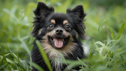 Poster - A small black and tan chihuahua dog with a pink tongue sticking out is sitting in tall green grass and looking directly at the camera.