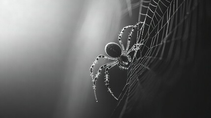 Wall Mural -   A monochrome snapshot of a spider atop its web, bathed in backlight