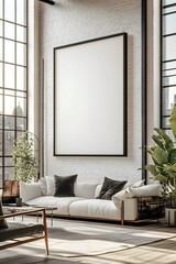 Canvas Print - A large picture frame on a wall in an urban loft, surrounded by modern furniture and large windows letting in plenty of light.