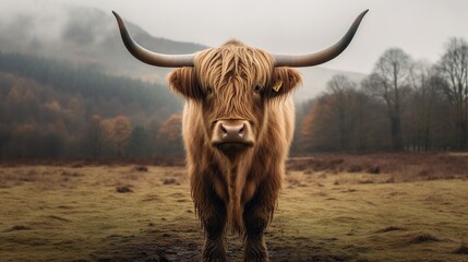 Poster - A Highland cow with long horns and a shaggy coat stands in a field, looking directly at the camera.