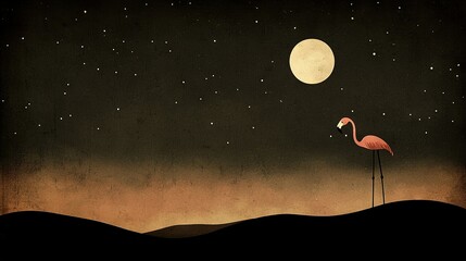 Wall Mural - pink flamingo on hill at night beneath full moon