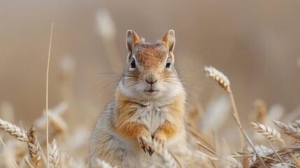 Canvas Print - A curious chipmunk sits upright in a field of tall grasses, looking directly at the camera.