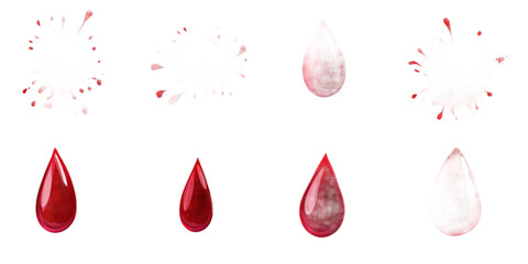 Poster - Red blood droplets scattered on gray background. Eight droplets varying in size and shape. Diagonal line creates sense of movement. No text or objects, focus on droplets. Transparent isolated.