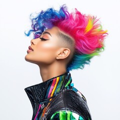 Wall Mural - Portrait of a young African woman with a vibrant rainbow mohawk and a black jacket with colorful stripes, showcasing bold style, beauty, and artistic individuality with a modern and edgy touch.