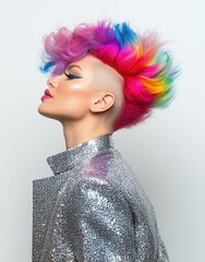 Wall Mural - Stylish portrait of a young woman with a vibrant rainbow mohawk, dressed in a sparkling silver jacket, embodying bold fashion, beauty, and creative individuality with a futuristic touch.