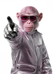 Wall Mural - a fashionable chimpanzee with light pink fur confidently points forward while wearing a metallic, ir