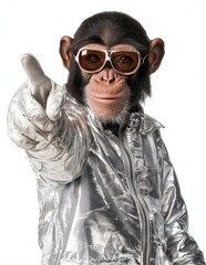Wall Mural - a chimpanzee dressed in a metallic silver jacket and wearing stylish sunglasses points directly at t