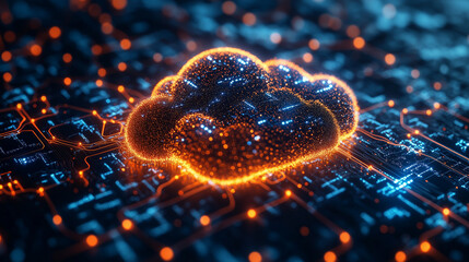 Poster - A 3D isometric illustration of a glowing cloud symbol made up of digital particles, floating over a circuit-like background. The vibrant orange and blue colors create a futuristic tech aesthetic.

