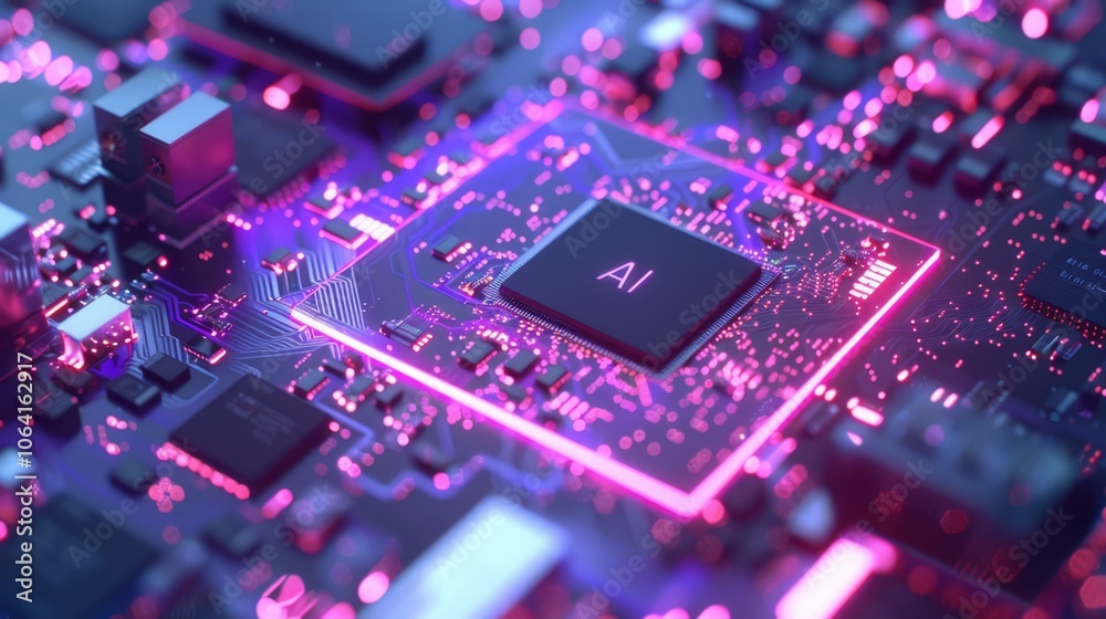 Vibrant close-up of advanced AI computer chip illuminated by neon ...