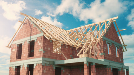 A house under construction with a blue roof. The house is made of bricks and has a wooden roof. The sky is blue and there are clouds in the background