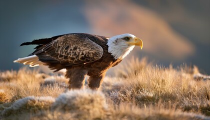 bald eagle preparing to take flight in grassland