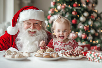 happy smiling little girl with santa claus on christmas holiday against christmas tree background in bright white clean room, generative AI