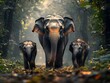 © BAYC - Family of elephants wandering through the jungle, a group of elephants, including a baby, wandering through lush green vegetation in the jungle as the sun shines through the leaves.