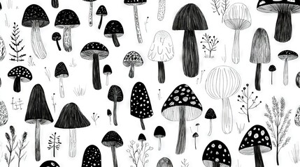  Many mushroom types on white background with B&W polka dots