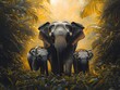 © BAYC - Family of elephants wandering through the jungle, a group of elephants, including a baby, wandering through lush green vegetation in the jungle as the sun shines through the leaves.