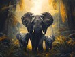© BAYC - Family of elephants wandering through the jungle, a group of elephants, including a baby, wandering through lush green vegetation in the jungle as the sun shines through the leaves.