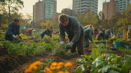 Community urban gardening diverse group cultivating vegetables and herbs in city allotment under autumn light with towering apartment buildings in background