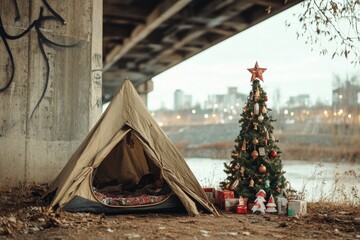 makeshift tent under a bridge, with a small christmas tree decorated with found objects, representin