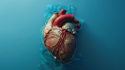 Anatomical Heart with Visible Blood Vessels and Arteries on Blue Background