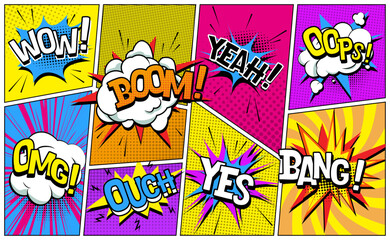 Fototapete - comic book style vector illustration featuring colorful speech bubbles with text like wow, boom, yea