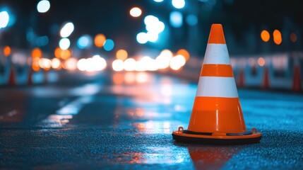 Cordon off engineering site with red and white tape blurry background traffic cone and space for tex