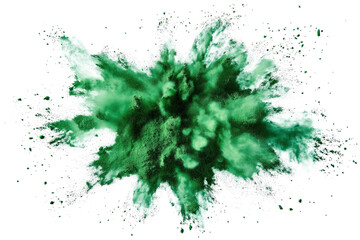 Poster - Vibrant explosion of green, black particles in diagonal line. Green powder pulver scattered across frame, creating movement, energy. Green, black, white colours, explosion, splashing, smoke, steam,