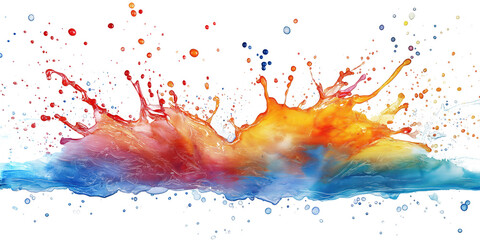 Poster - Vibrant abstract painting with splashes of red, blue, yellow. Bold colors dominate foreground, contrasting with muted tones in background. Dynamic composition with even distribution of colors creates
